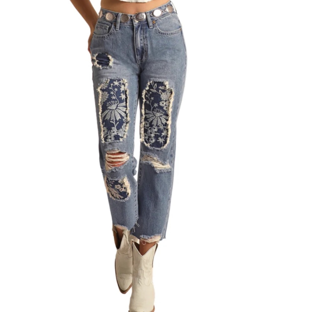 Rock & Roll Cowgirl High Rise Straight Cropped Floral Jean Size 33